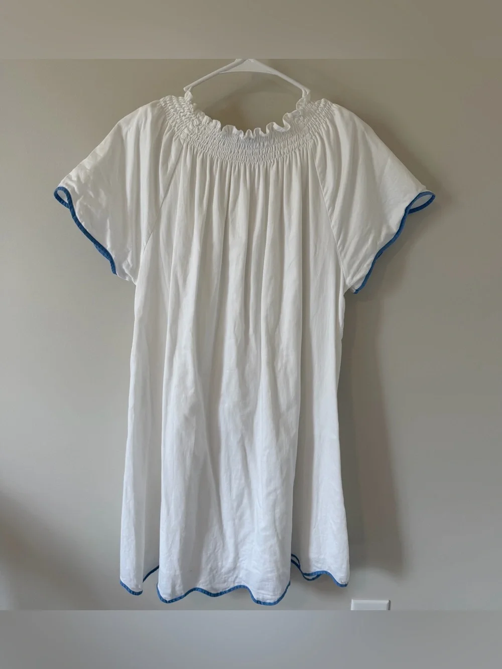 LAKE Pajamas Patio Dress White Blue Size Medium Scalloped - Picture 2 of 10